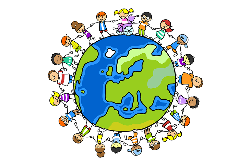 dessin enfant autour du monde se donnant la main