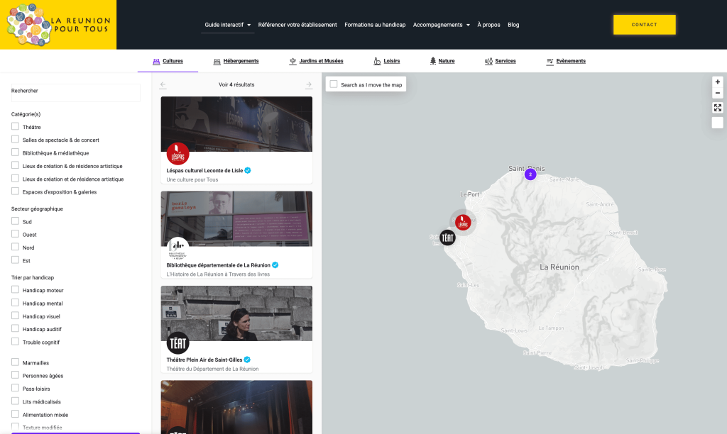 Image qui représente la structuration du Guide Interactif avec les différentes catégories de recherche, les établissements répertoriés avec une carte de La Réunion sur laquelle est inscrite des différentes structures sur toute l'île