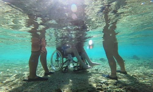 fauteuil roulant dans le lagon